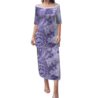 Polynesia Family Matching Puletasi Dress and Hawaiian Shirt Hibiscus and Hawaiian Tribal Tattoo Retro Style Violet Color LT9 Mom's Dress Violet - Polynesian Pride