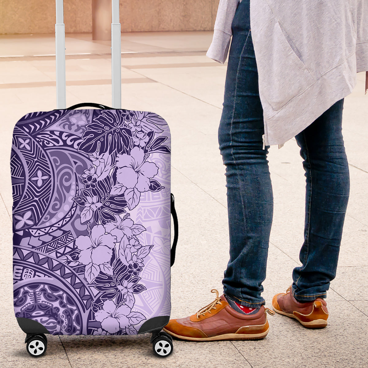 Polynesia Luggage Cover Hibiscus and Hawaiian Tribal Tattoo Retro Style Violet Color LT9 Violet - Polynesian Pride