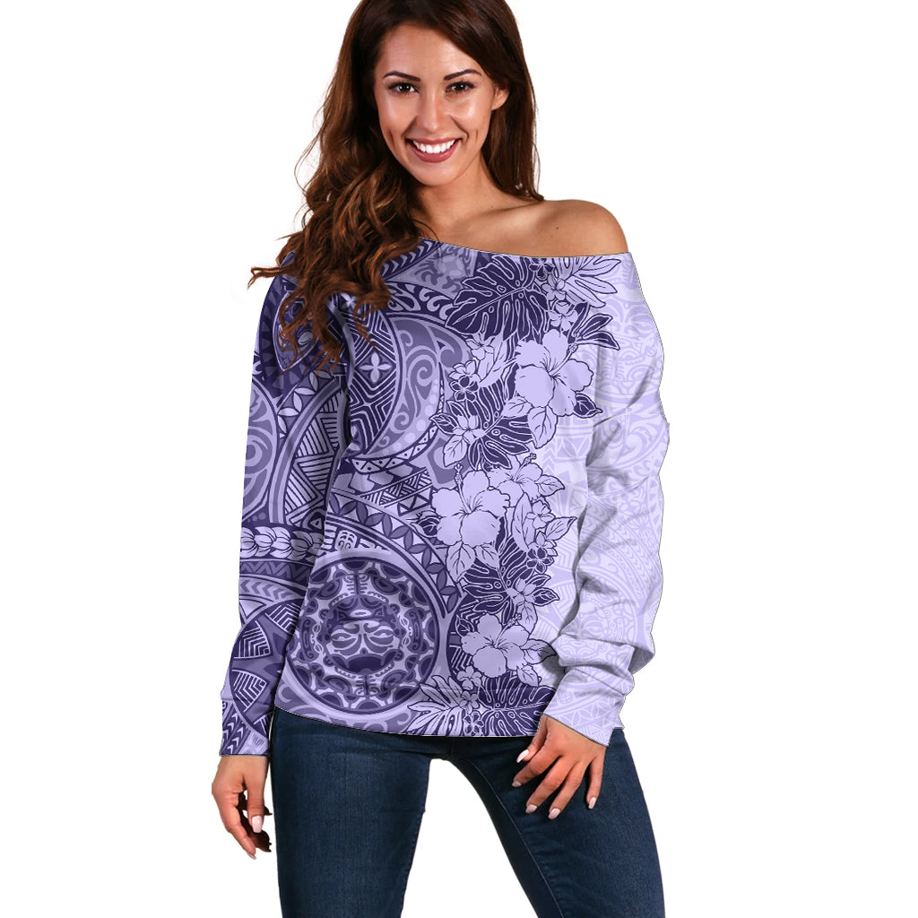 Polynesia Off Shoulder Sweater Hibiscus and Hawaiian Tribal Tattoo Retro Style Violet Color LT9 Women Violet - Polynesian Pride