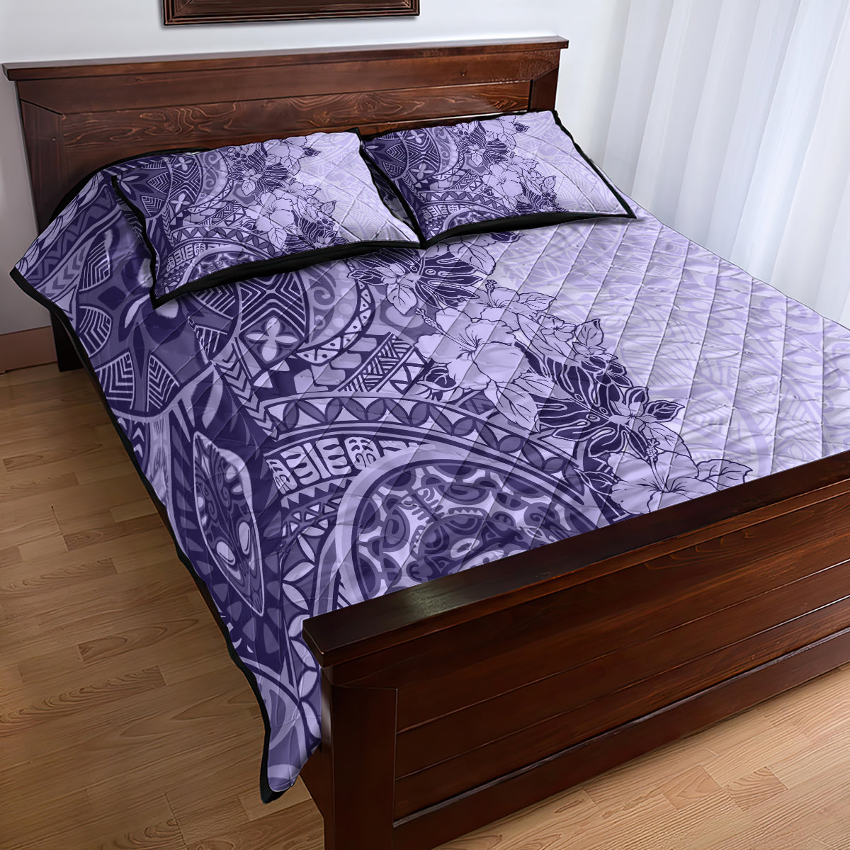 Polynesia Quilt Bed Set Hibiscus and Hawaiian Tribal Tattoo Retro Style Violet Color LT9 - Polynesian Pride