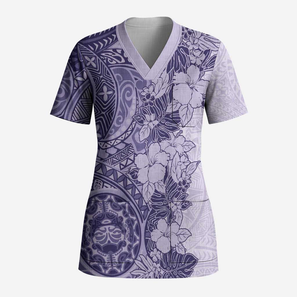 Polynesia Scrub Top Hibiscus Hawaiian Tribal Tattoo Retro Violet - Polynesian Pride