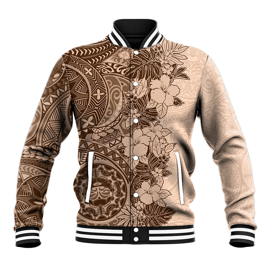 Polynesia Baseball Jacket Hibiscus and Hawaiian Tribal Tattoo Retro Style Pink Pastel LT9 Unisex Pink Pastel - Polynesian Pride