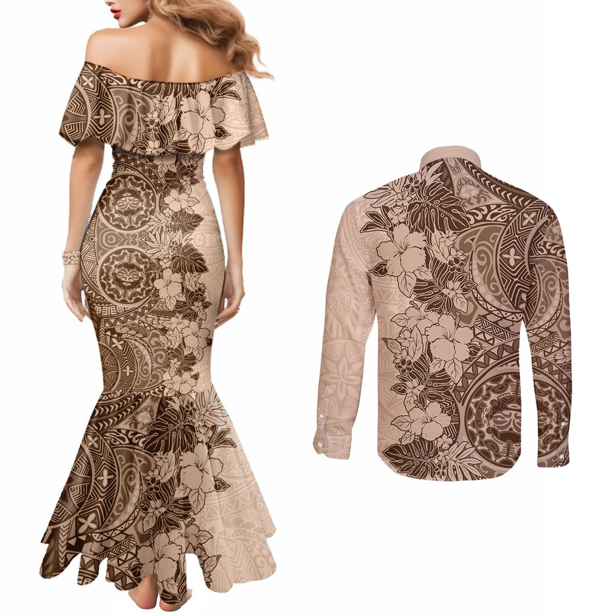 Polynesia Couples Matching Mermaid Dress and Long Sleeve Button Shirt Hibiscus and Hawaiian Tribal Tattoo Retro Style Pink Pastel LT9 - Polynesian Pride