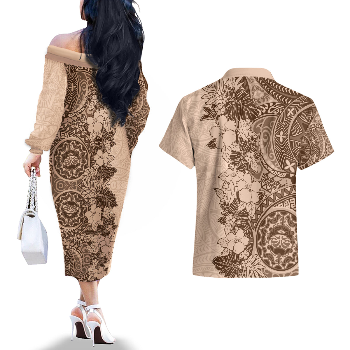 Polynesia Couples Matching Off The Shoulder Long Sleeve Dress and Hawaiian Shirt Hibiscus and Hawaiian Tribal Tattoo Retro Style Pink Pastel LT9 - Polynesian Pride