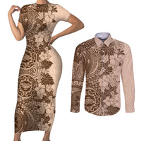 Polynesia Couples Matching Short Sleeve Bodycon Dress and Long Sleeve Button Shirt Hibiscus and Hawaiian Tribal Tattoo Retro Style Pink Pastel LT9 Pink Pastel - Polynesian Pride