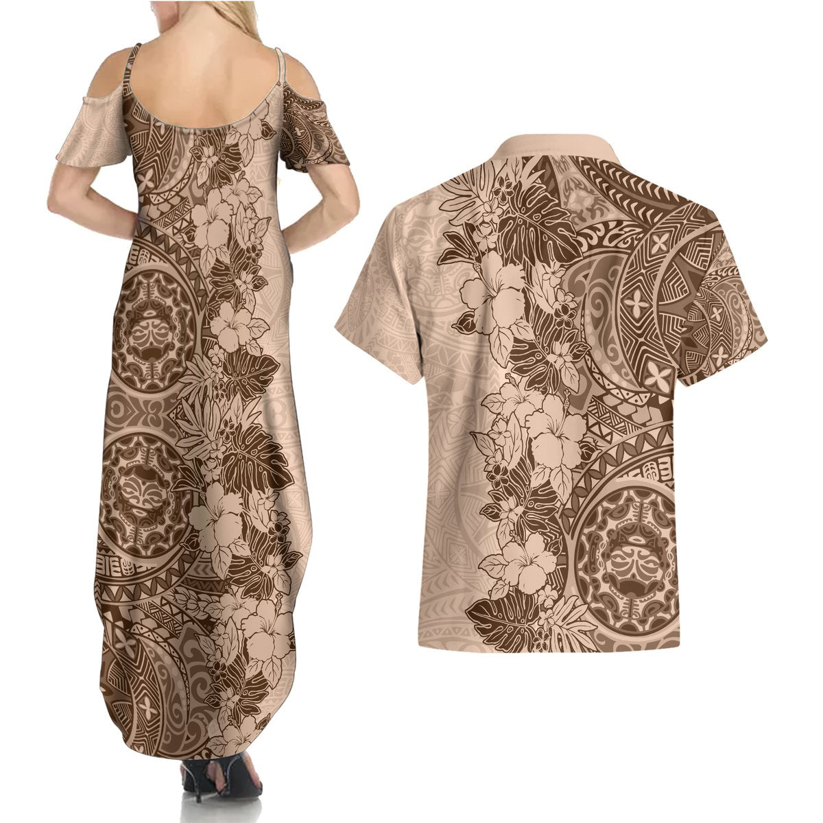 Polynesia Couples Matching Summer Maxi Dress and Hawaiian Shirt Hibiscus and Hawaiian Tribal Tattoo Retro Style Pink Pastel LT9 - Polynesian Pride