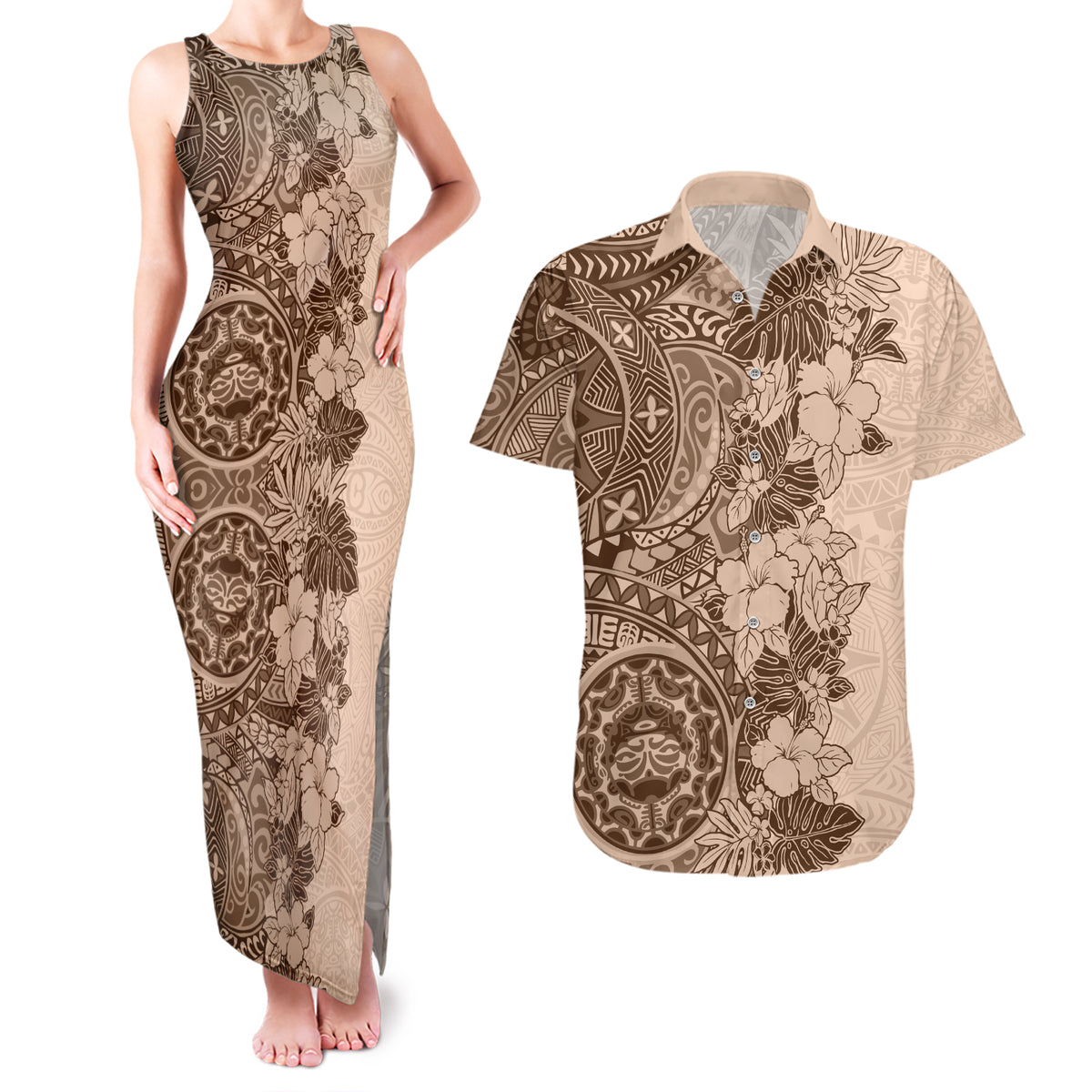Polynesia Couples Matching Tank Maxi Dress and Hawaiian Shirt Hibiscus and Hawaiian Tribal Tattoo Retro Style Pink Pastel LT9 Pink Pastel - Polynesian Pride