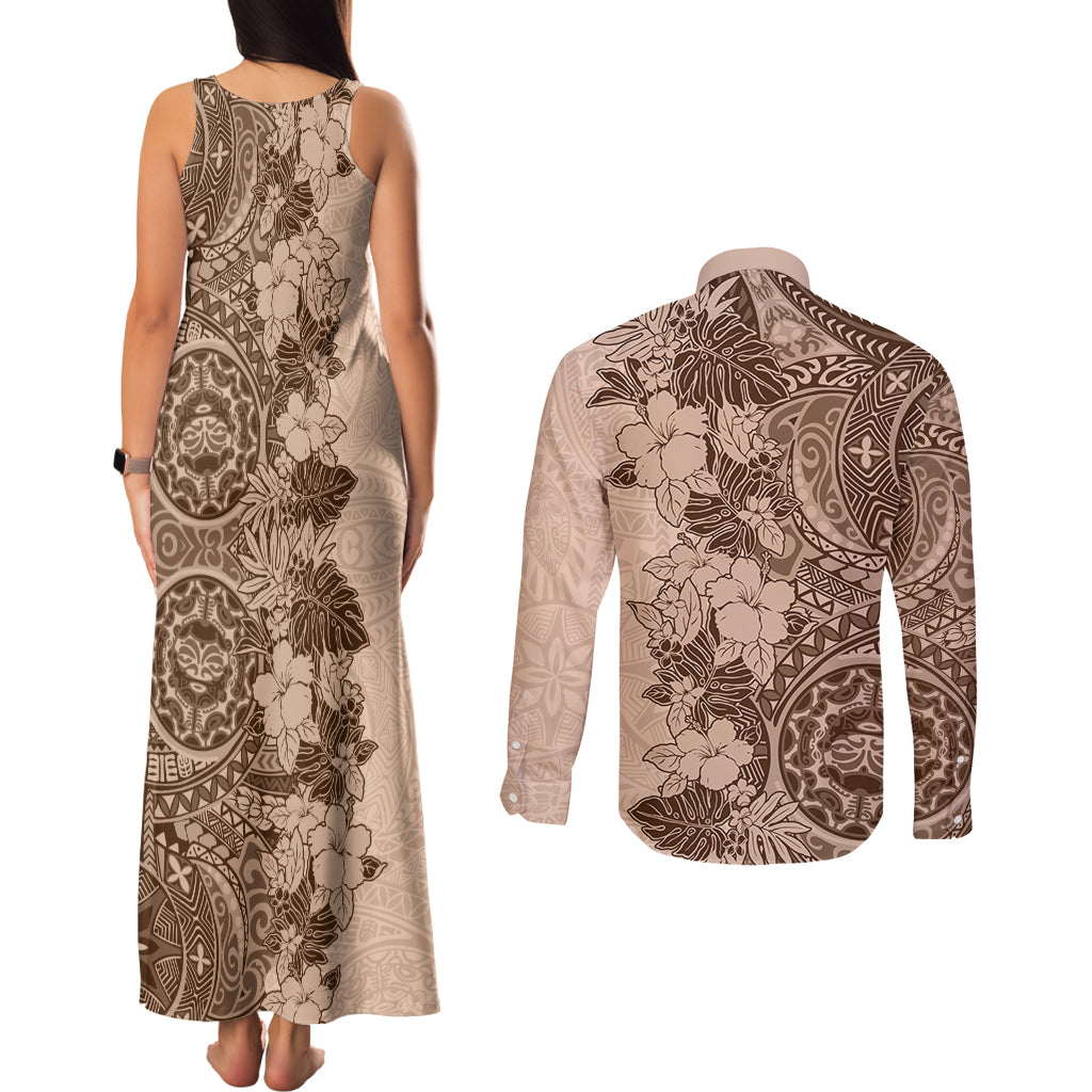 Polynesia Couples Matching Tank Maxi Dress and Long Sleeve Button Shirt Hibiscus and Hawaiian Tribal Tattoo Retro Style Pink Pastel LT9 - Polynesian Pride