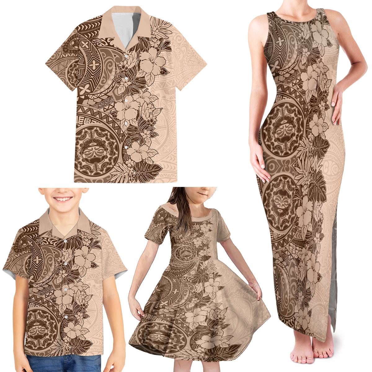 Polynesia Family Matching Tank Maxi Dress and Hawaiian Shirt Hibiscus and Hawaiian Tribal Tattoo Retro Style Pink Pastel LT9 - Polynesian Pride