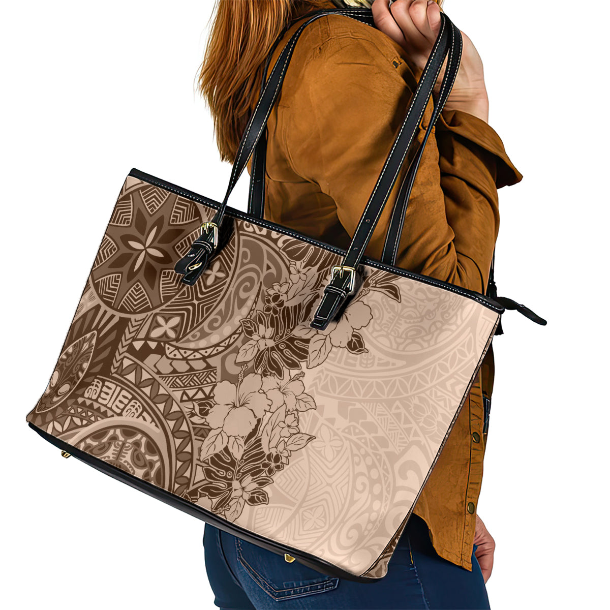 Polynesia Leather Tote Bag Hibiscus and Hawaiian Tribal Tattoo Retro Style Pink Pastel LT9 - Polynesian Pride