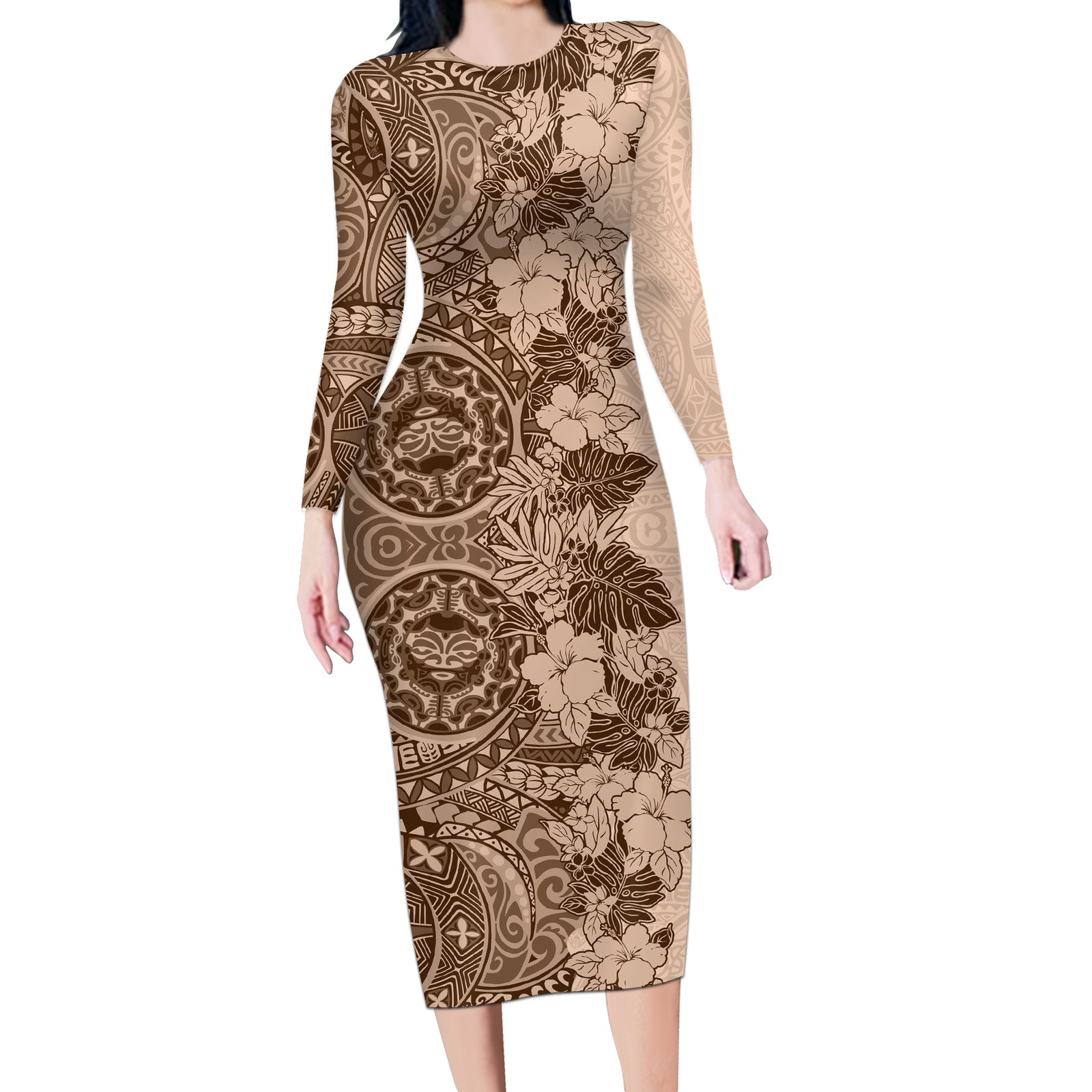 Polynesia Long Sleeve Bodycon Dress Hibiscus and Hawaiian Tribal Tattoo Retro Style Pink Pastel LT9 Long Dress Pink Pastel - Polynesian Pride