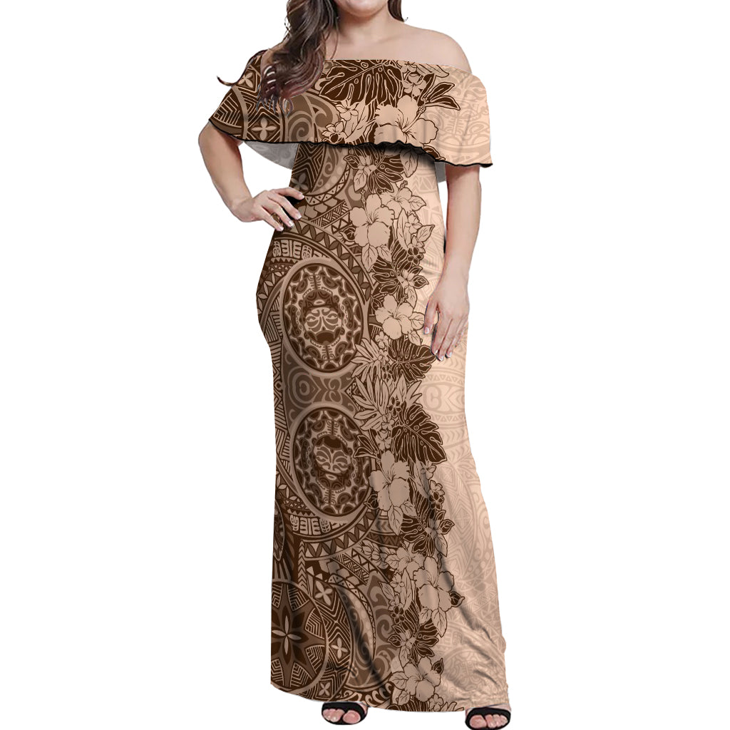 Polynesia Off Shoulder Maxi Dress Hibiscus and Hawaiian Tribal Tattoo Retro Style Pink Pastel LT9 Women Pink Pastel - Polynesian Pride