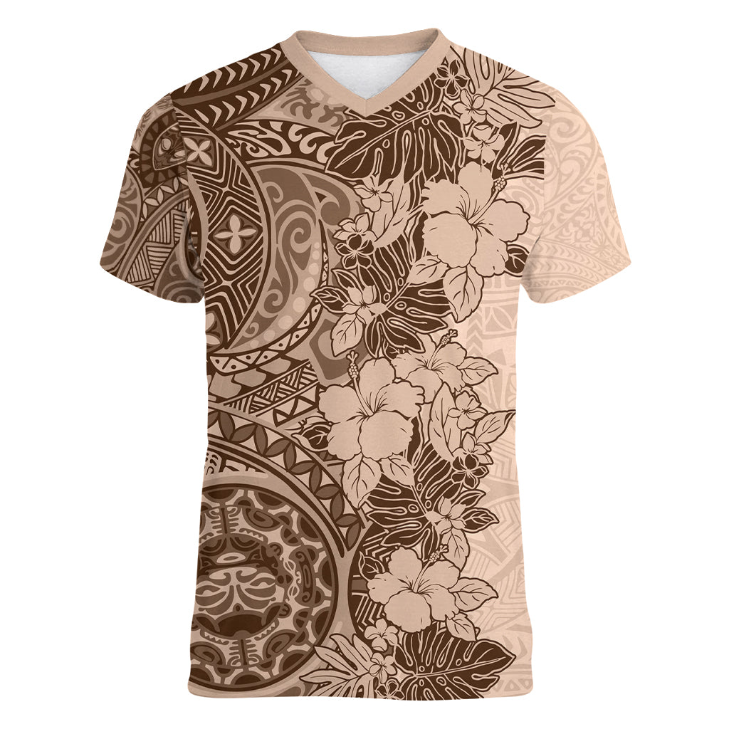 Polynesia Women V Neck T Shirt Hibiscus and Hawaiian Tribal Tattoo Retro Style Pink Pastel LT9 Female Pink Pastel - Polynesian Pride