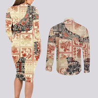 Hawaii Couples Matching Long Sleeve Bodycon Dress and Long Sleeve Button Shirt Aloha Tribal Pattern Beige Version LT9 - Polynesian Pride