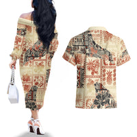 Hawaii Couples Matching Off The Shoulder Long Sleeve Dress and Hawaiian Shirt Aloha Tribal Pattern Beige Version LT9 - Polynesian Pride