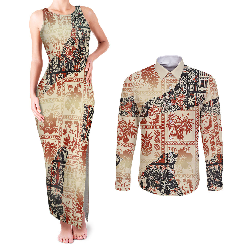 Hawaii Couples Matching Tank Maxi Dress and Long Sleeve Button Shirt Aloha Tribal Pattern Beige Version LT9 Beige - Polynesian Pride