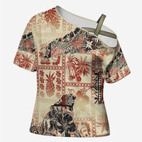 Hawaii Beige Version Cross Shoulder Shirt Aloha Tribal Pattern - Polynesian Pride