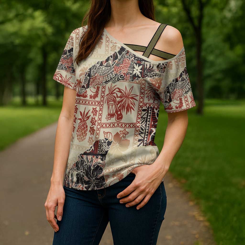 Hawaii Beige Version Cross Shoulder Shirt Aloha Tribal Pattern - Polynesian Pride