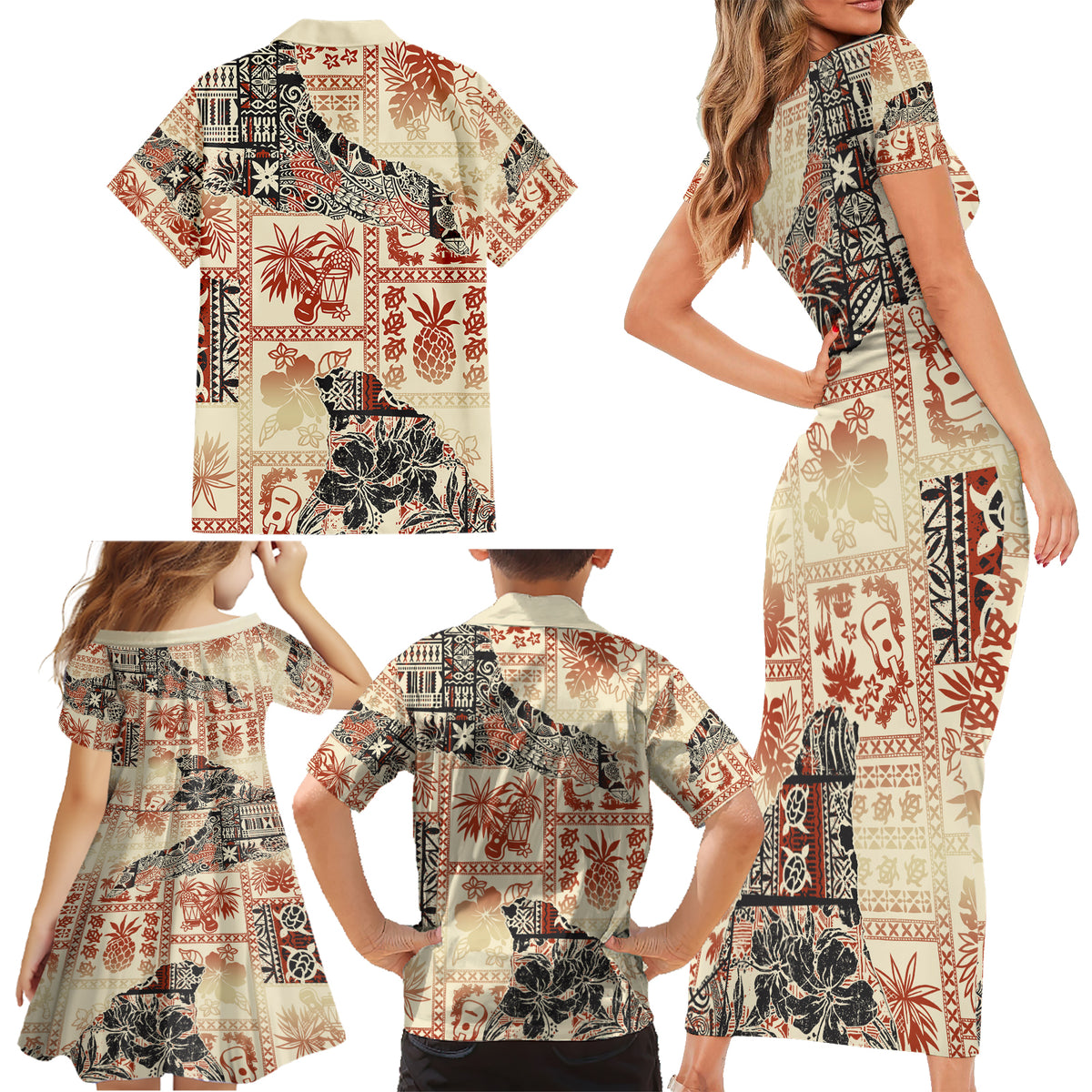 Hawaii Family Matching Short Sleeve Bodycon Dress and Hawaiian Shirt Aloha Tribal Pattern Beige Version LT9 - Polynesian Pride