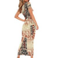 Hawaii Family Matching Short Sleeve Bodycon Dress and Hawaiian Shirt Aloha Tribal Pattern Beige Version LT9 - Polynesian Pride