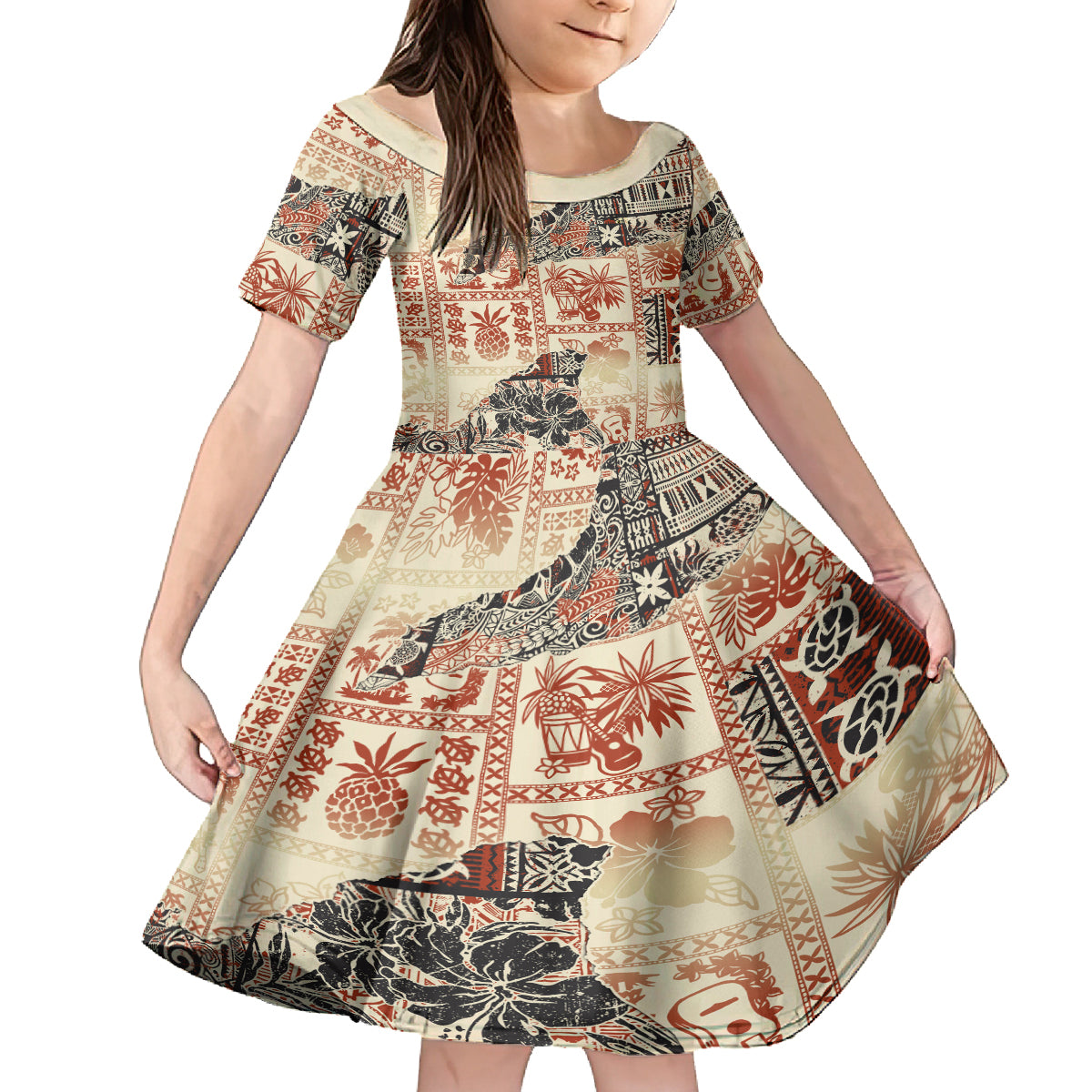 Hawaii Family Matching Tank Maxi Dress and Hawaiian Shirt Aloha Tribal Pattern Beige Version LT9 Daughter's Dress Beige - Polynesian Pride