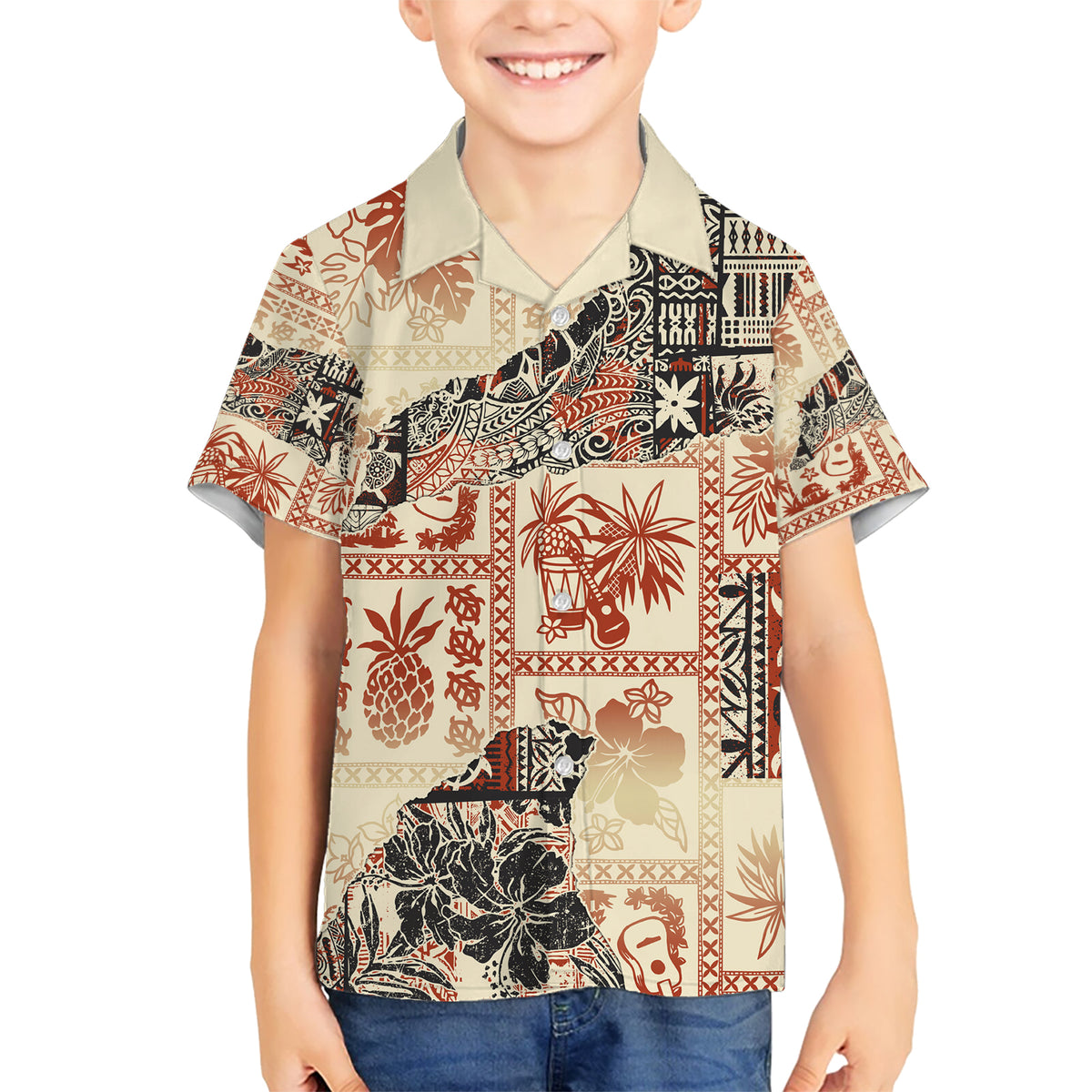 Hawaii Kid Hawaiian Shirt Aloha Tribal Pattern Beige Version LT9 Kid Beige - Polynesian Pride