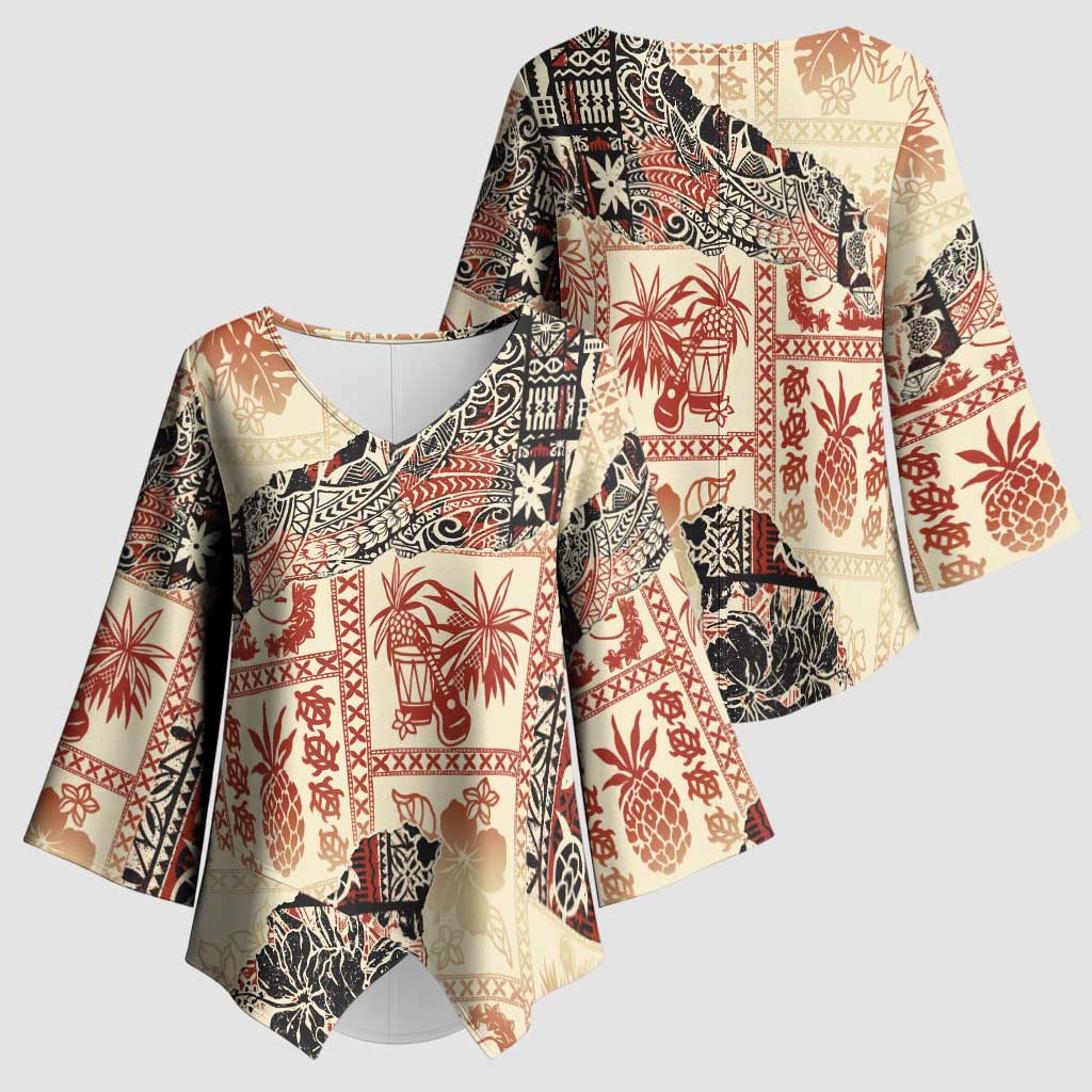 Hawaii Beige Version Kimono Sleeve Blouse Aloha Tribal Pattern - Polynesian Pride