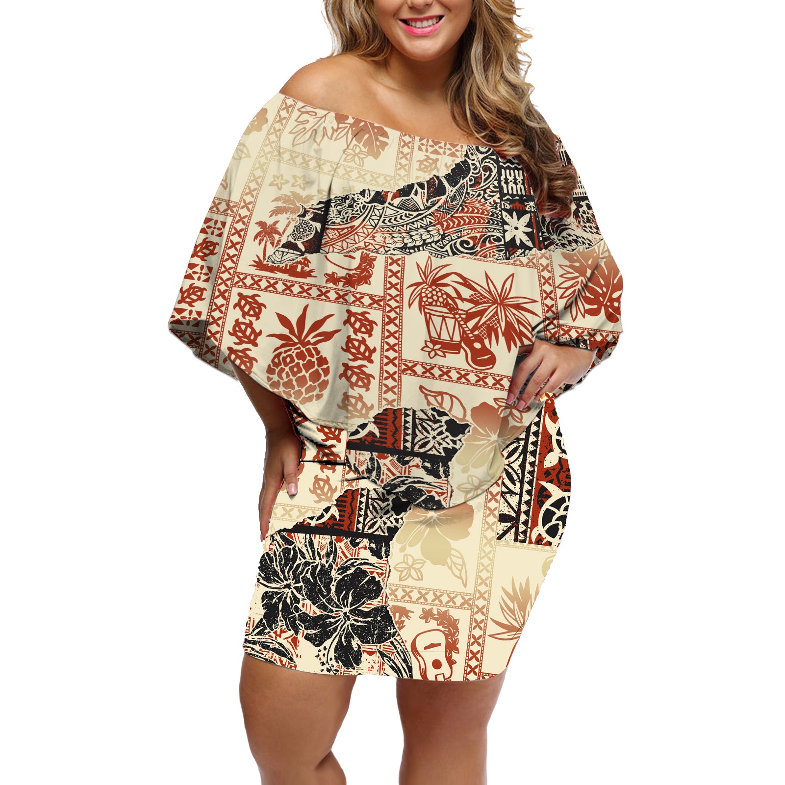 Hawaii Off Shoulder Short Dress Aloha Tribal Pattern Beige Version LT9 Women Beige - Polynesian Pride