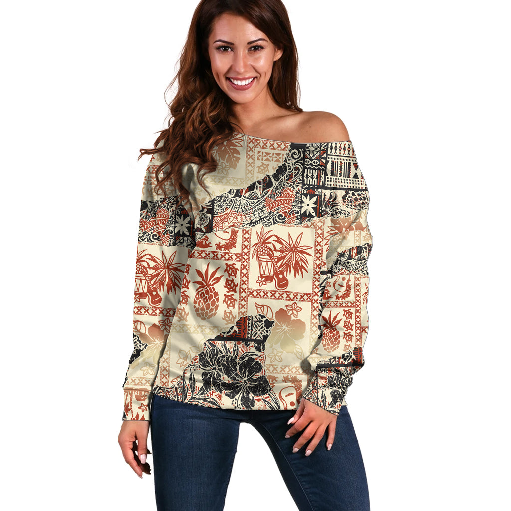 Hawaii Off Shoulder Sweater Aloha Tribal Pattern Beige Version LT9 Women Beige - Polynesian Pride