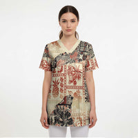 Hawaii Beige Version Scrub Top Aloha Tribal Pattern - Polynesian Pride