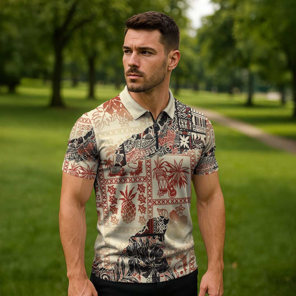 Hawaii Beige Version Zipper Polo Shirt Aloha Tribal Pattern - Polynesian Pride