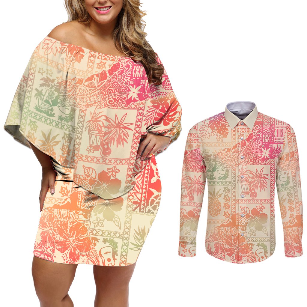 Hawaii Couples Matching Off Shoulder Short Dress and Long Sleeve Button Shirt Aloha Tribal Pattern Sweat Pink Ombre LT9 Pink - Polynesian Pride