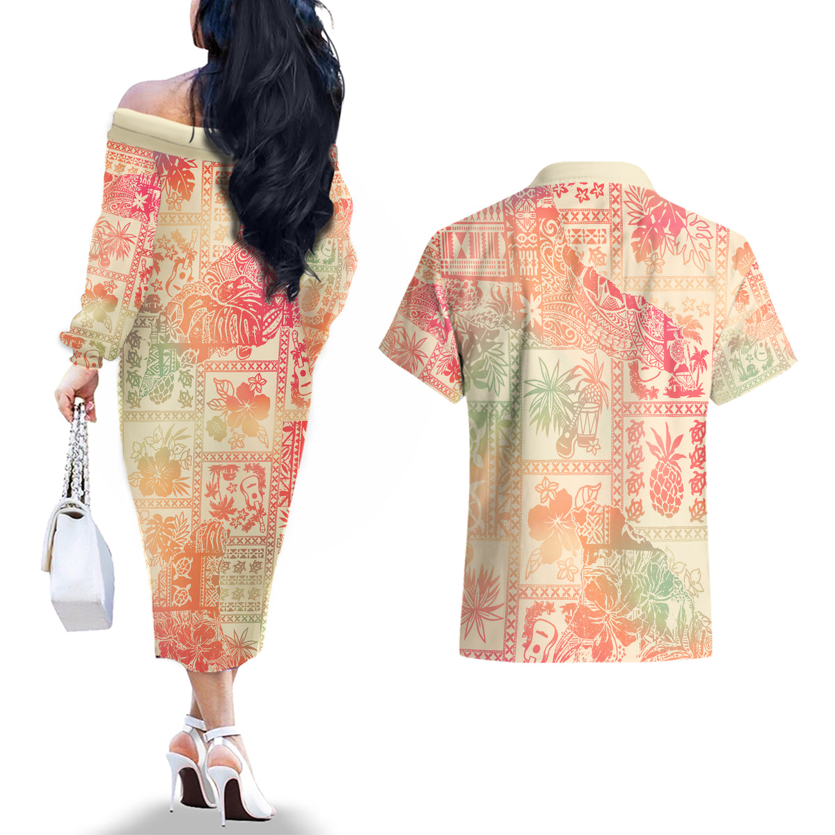 Hawaii Couples Matching Off The Shoulder Long Sleeve Dress and Hawaiian Shirt Aloha Tribal Pattern Sweat Pink Ombre LT9 - Polynesian Pride