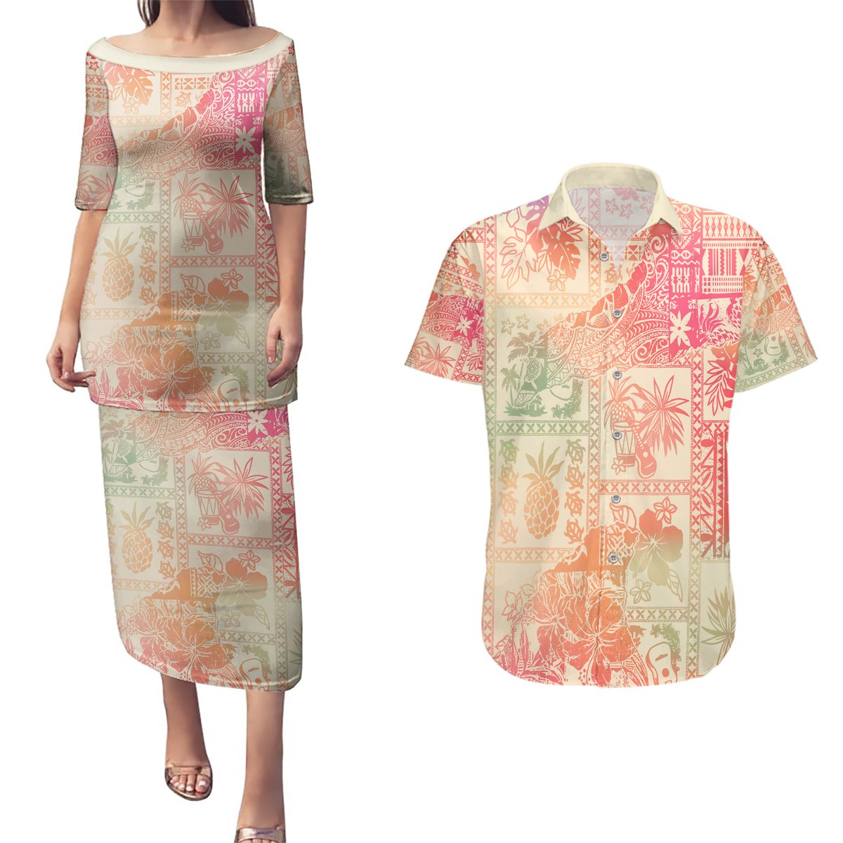 Hawaii Couples Matching Puletasi Dress and Hawaiian Shirt Aloha Tribal Pattern Sweat Pink Ombre LT9 Pink - Polynesian Pride
