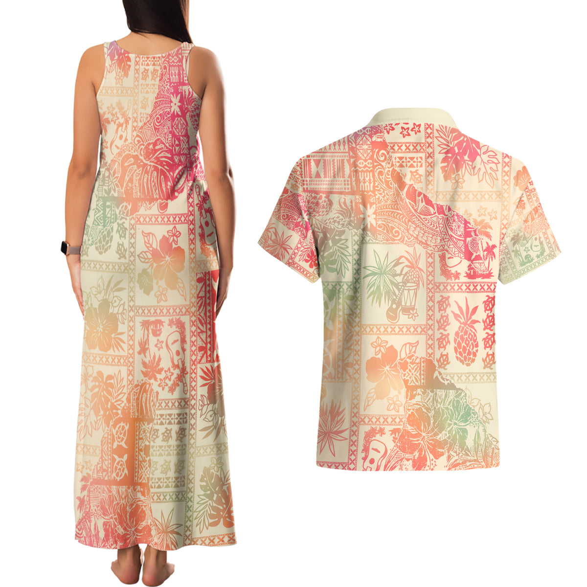 Hawaii Couples Matching Tank Maxi Dress and Hawaiian Shirt Aloha Tribal Pattern Sweat Pink Ombre LT9 - Polynesian Pride