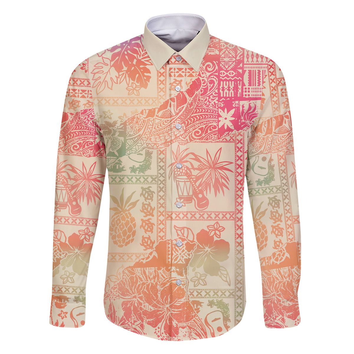 Hawaii Family Matching Mermaid Dress and Hawaiian Shirt Aloha Tribal Pattern Sweat Pink Ombre LT9 Dad's Shirt - Long Sleeve Pink - Polynesian Pride