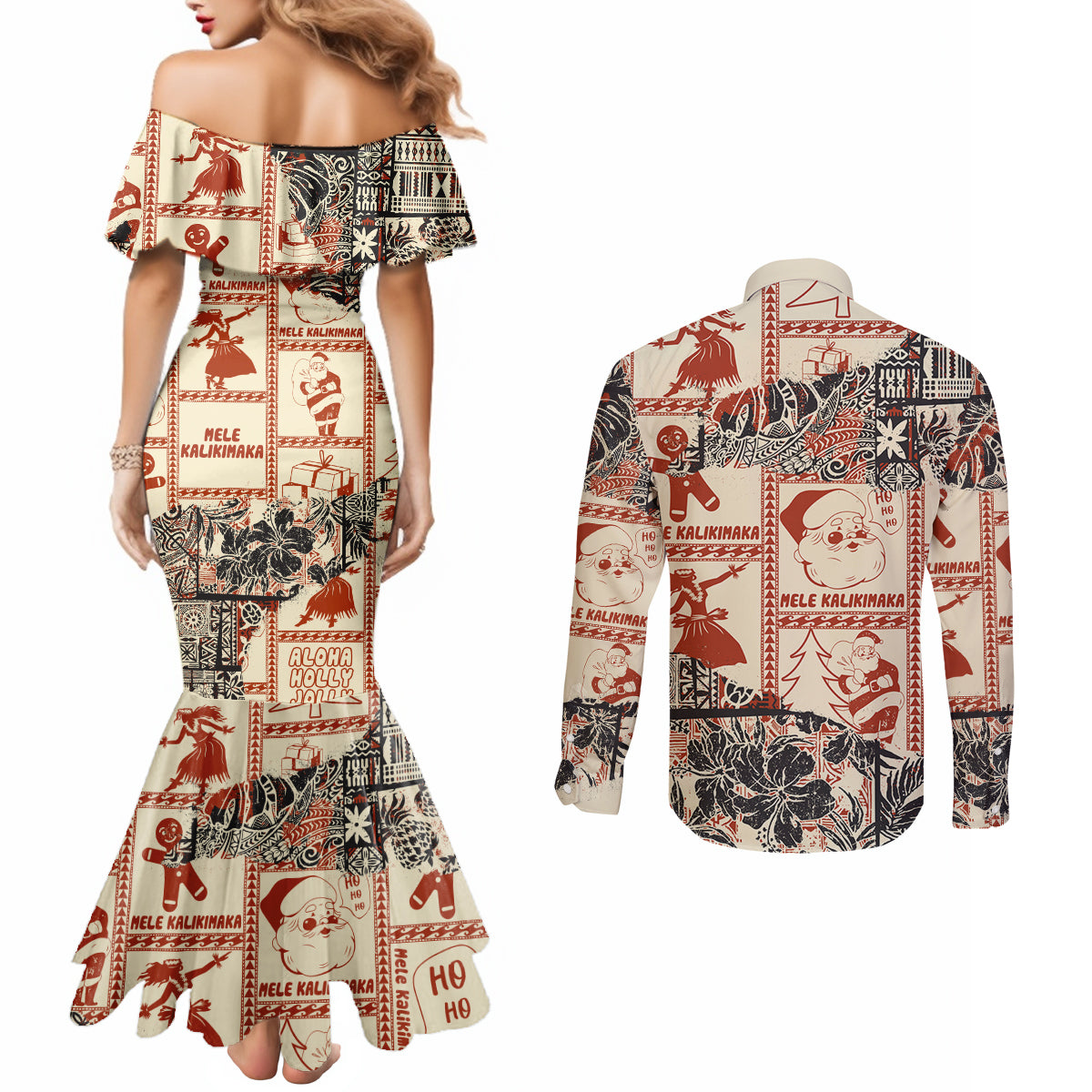 Aloha Hawaii Christmas Couples Matching Mermaid Dress and Long Sleeve Button Shirt Mele Kalikimaka Tapa Tribal Retro Style LT9 - Polynesian Pride