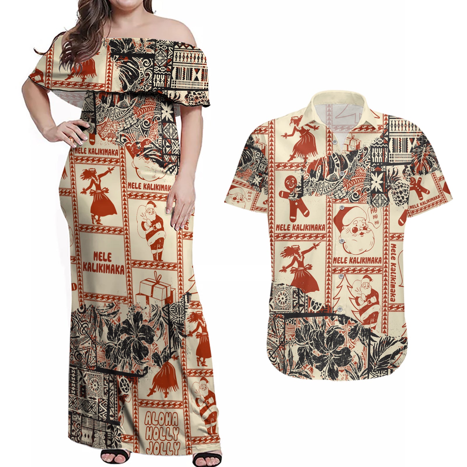 Aloha Hawaii Christmas Couples Matching Off Shoulder Maxi Dress and Hawaiian Shirt Mele Kalikimaka Tapa Tribal Retro Style LT9 Beige - Polynesian Pride