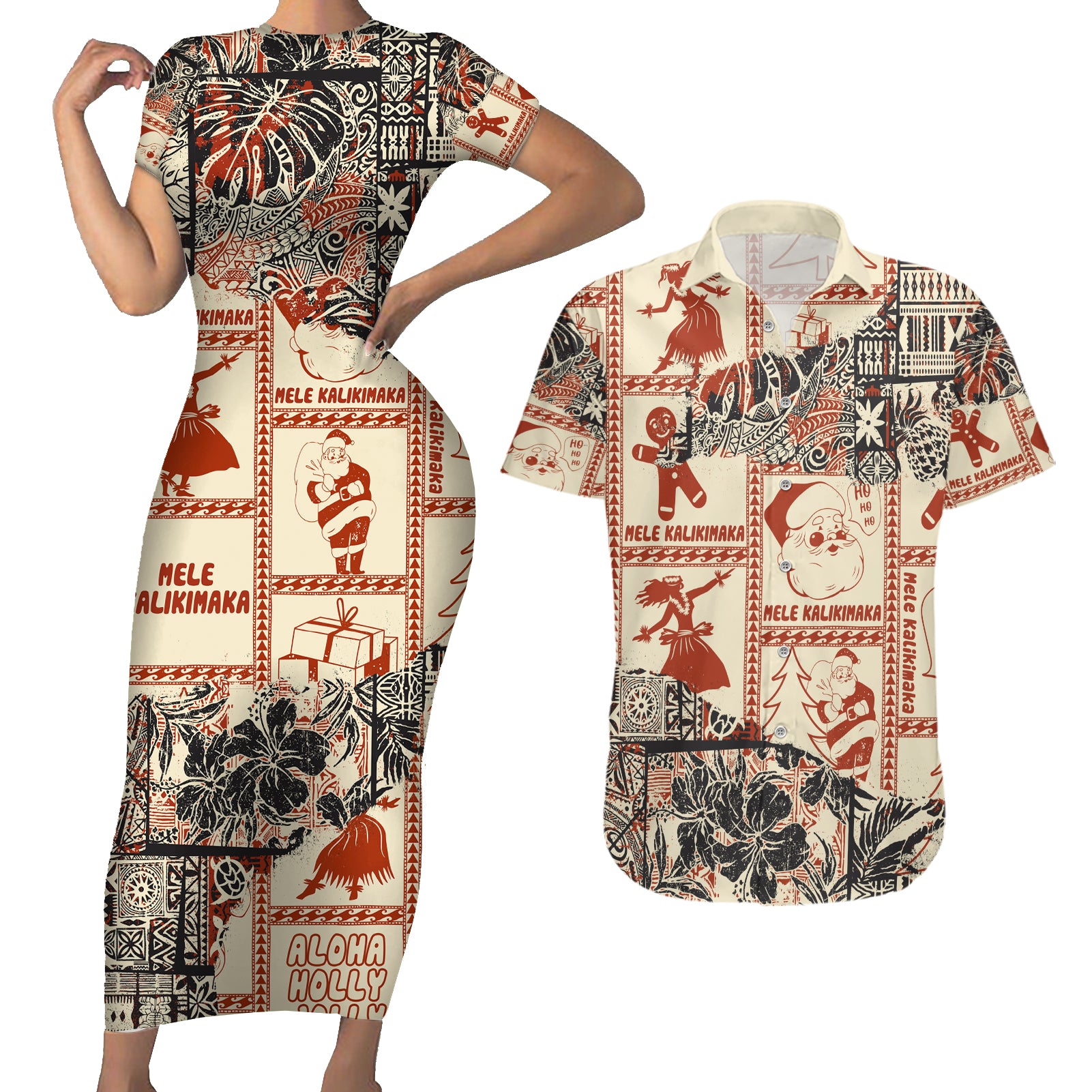 Aloha Hawaii Christmas Couples Matching Short Sleeve Bodycon Dress and Hawaiian Shirt Mele Kalikimaka Tapa Tribal Retro Style LT9 Beige - Polynesian Pride