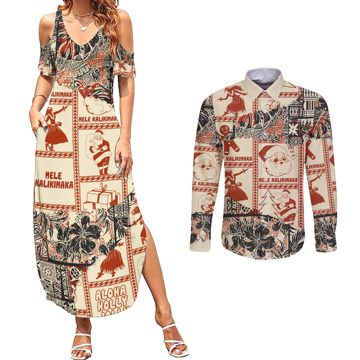 Aloha Hawaii Christmas Couples Matching Summer Maxi Dress and Long Sleeve Button Shirt Mele Kalikimaka Tapa Tribal Retro Style LT9 Beige - Polynesian Pride