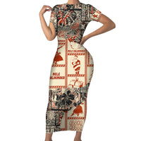 Aloha Hawaii Christmas Family Matching Short Sleeve Bodycon Dress and Hawaiian Shirt Mele Kalikimaka Tapa Tribal Retro Style LT9 Mom's Dress Beige - Polynesian Pride