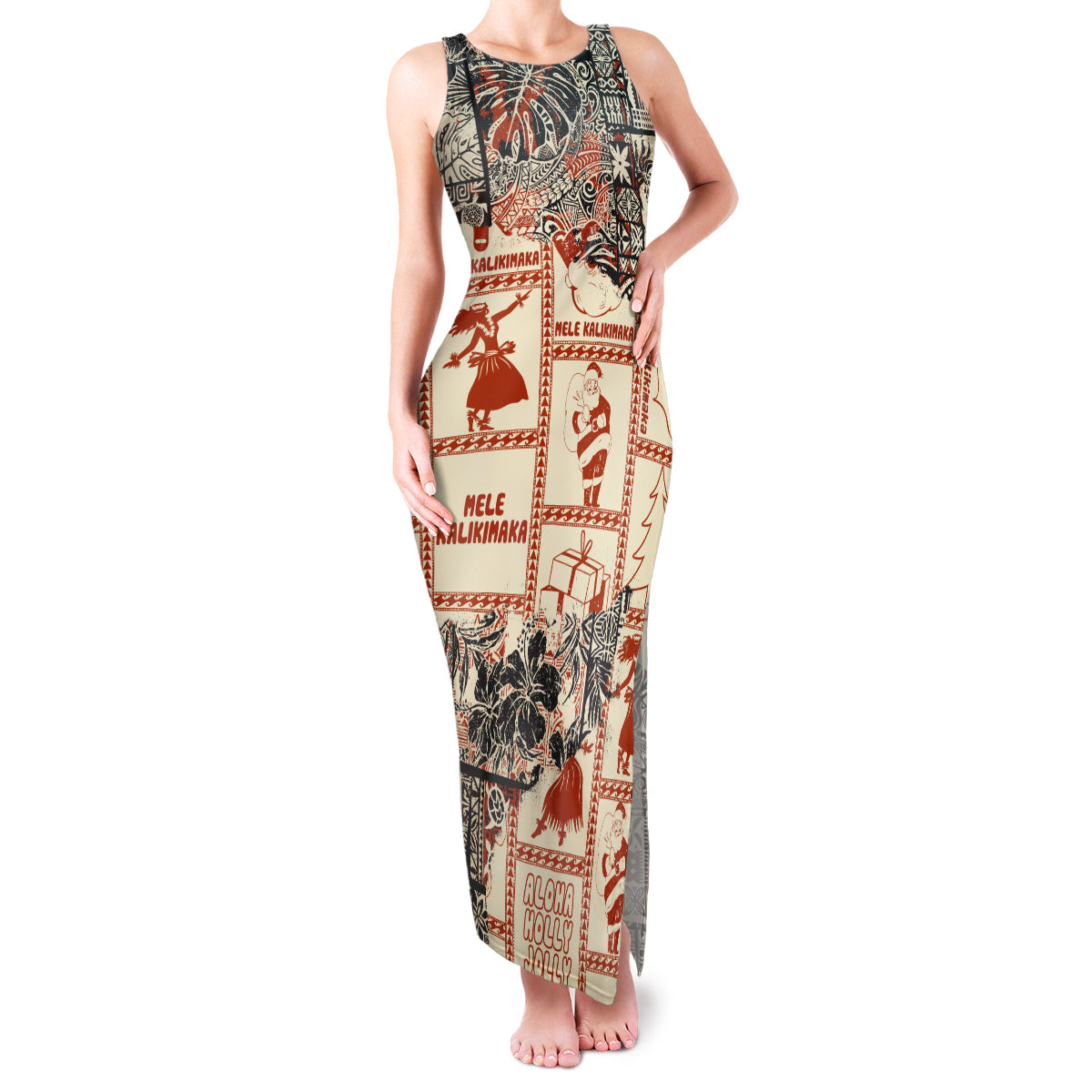 Aloha Hawaii Christmas Family Matching Tank Maxi Dress and Hawaiian Shirt Mele Kalikimaka Tapa Tribal Retro Style LT9 Mom's Dress Beige - Polynesian Pride