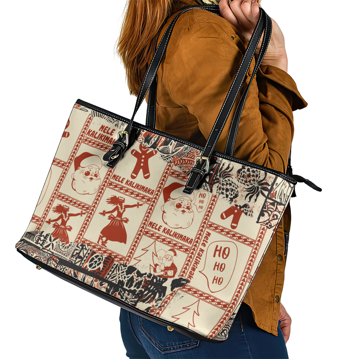 Aloha Hawaii Christmas Leather Tote Bag Mele Kalikimaka Tapa Tribal Retro Style LT9 - Polynesian Pride