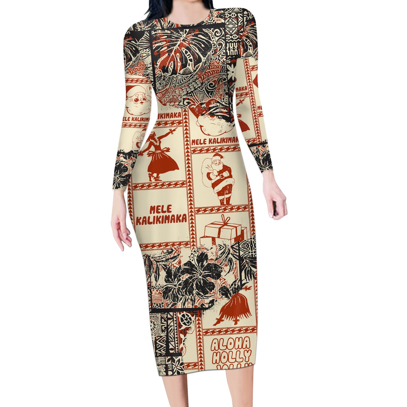 Aloha Hawaii Christmas Long Sleeve Bodycon Dress Mele Kalikimaka Tapa Tribal Retro Style LT9 Long Dress Beige - Polynesian Pride