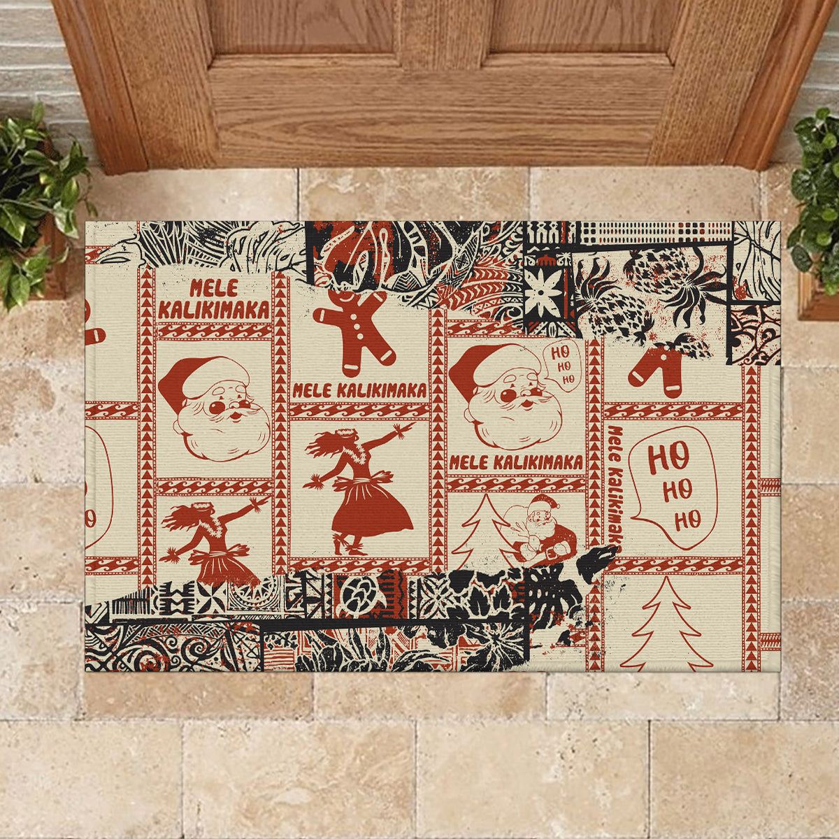 Aloha Hawaii Christmas Rubber Doormat Mele Kalikimaka Tapa Tribal Retro Style LT9 - Polynesian Pride
