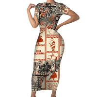 Aloha Hawaii Christmas Short Sleeve Bodycon Dress Mele Kalikimaka Tapa Tribal Retro Style LT9 Long Dress Beige - Polynesian Pride