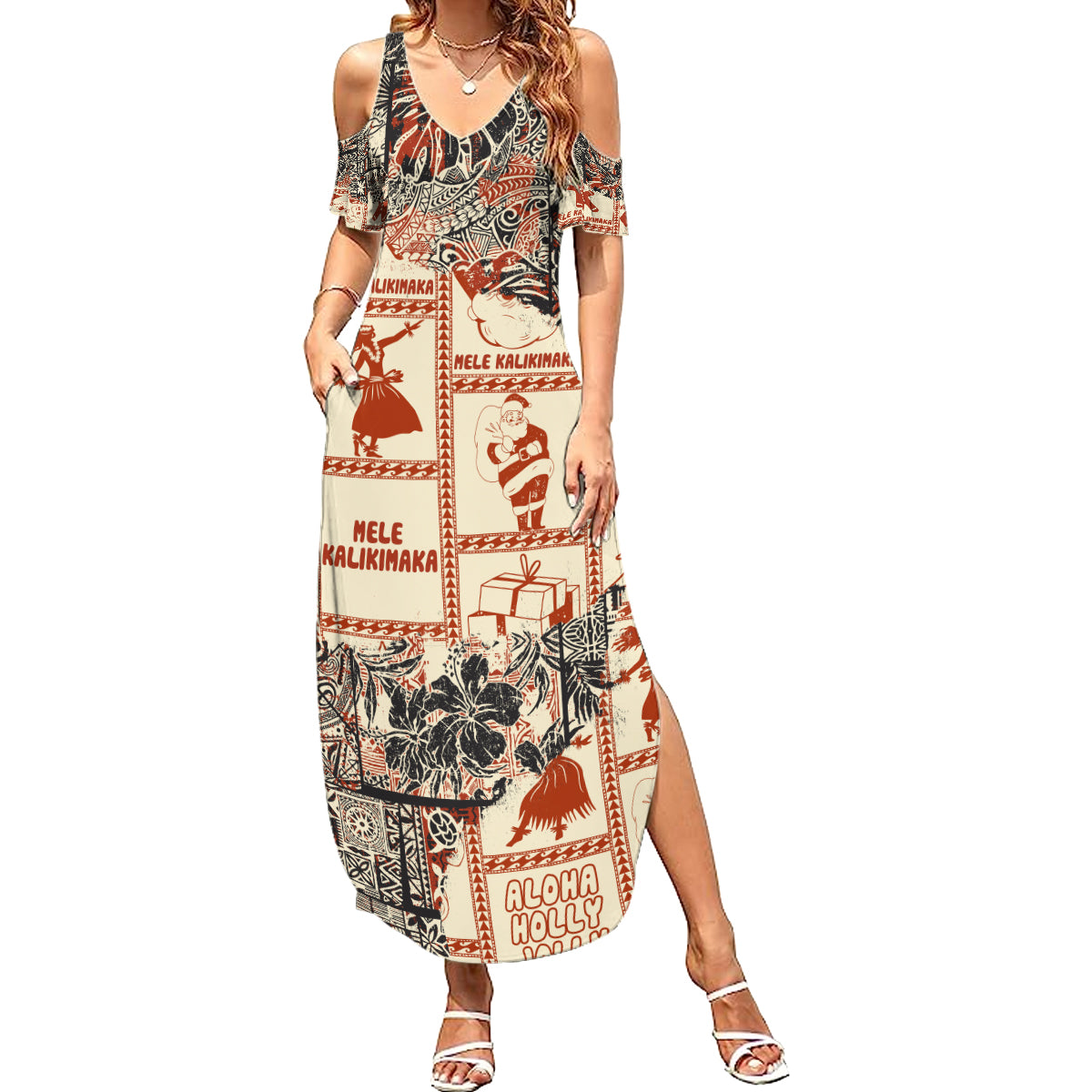 Aloha Hawaii Christmas Summer Maxi Dress Mele Kalikimaka Tapa Tribal Retro Style LT9 Women Beige - Polynesian Pride