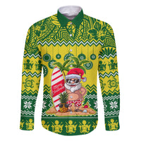 Cook Islands Christmas Family Matching Off Shoulder Maxi Dress and Hawaiian Shirt Santa Beach Meri Kiritimiti LT9 Dad's Shirt - Long Sleeve Green - Polynesian Pride