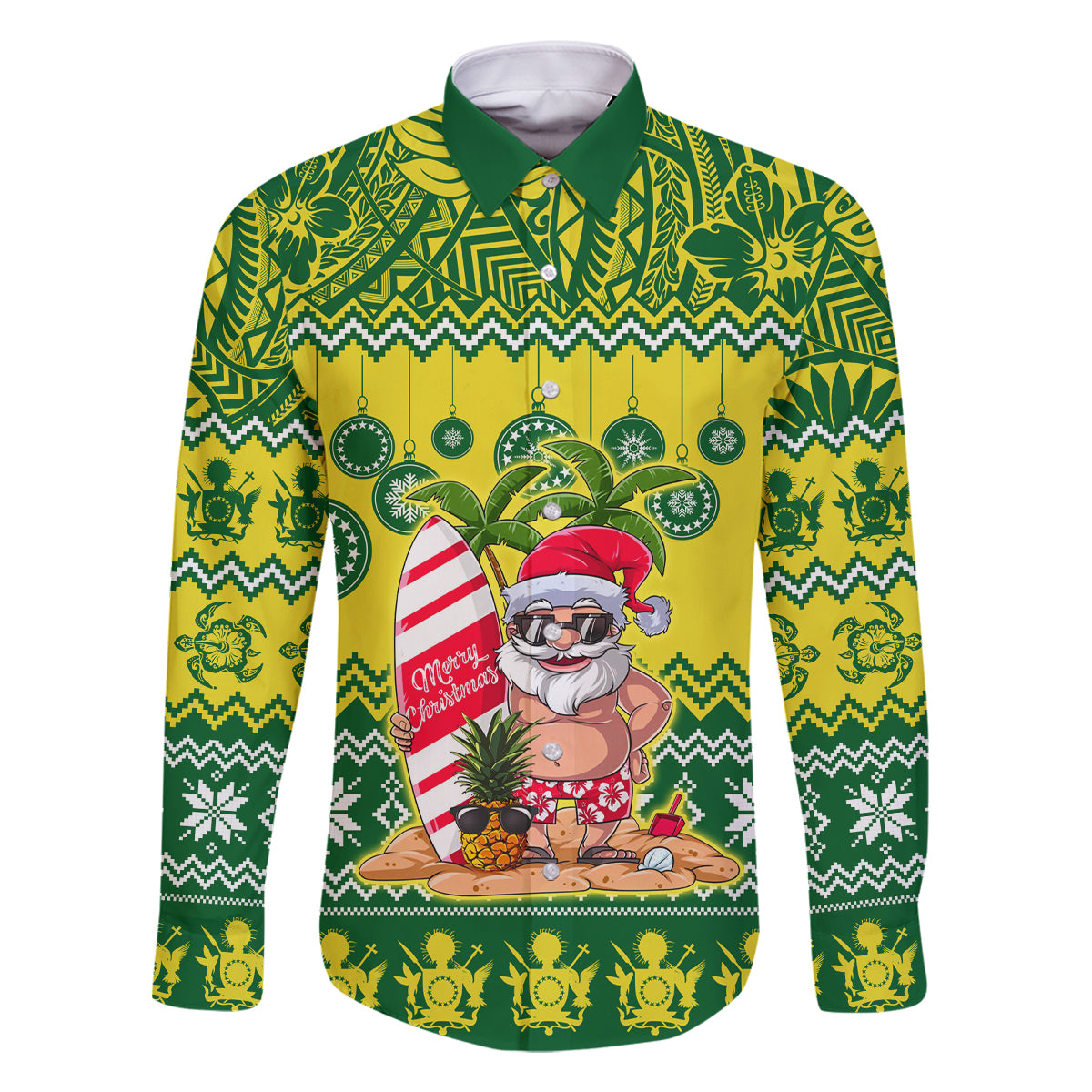 Cook Islands Christmas Family Matching Summer Maxi Dress and Hawaiian Shirt Santa Beach Meri Kiritimiti LT9 Dad's Shirt - Long Sleeve Green - Polynesian Pride