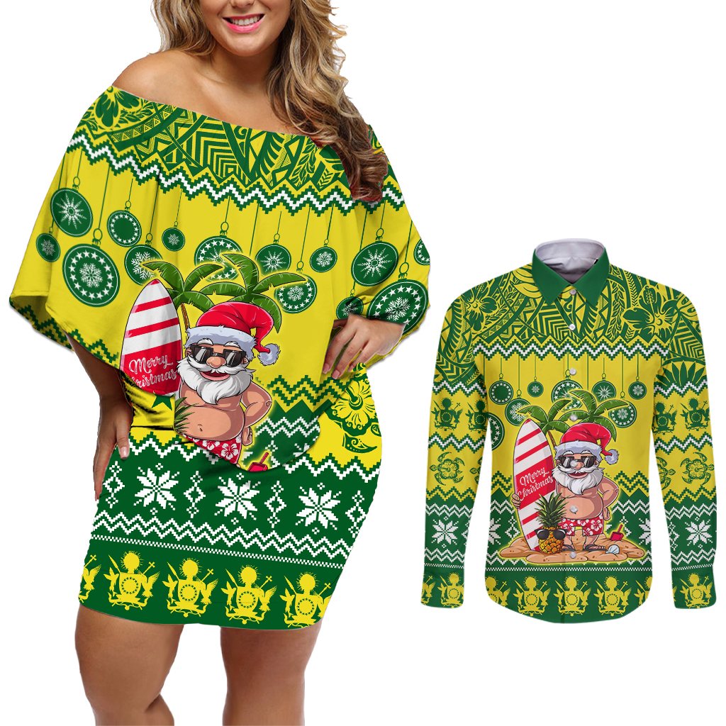 Personalised Cook Islands Christmas Couples Matching Off Shoulder Short Dress and Long Sleeve Button Shirt Santa Beach Meri Kiritimiti LT9 Green - Polynesian Pride
